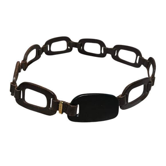 Vintage Brown Black Gucci by Tom Ford Wood Leather Chain Link Cutout Belt XS? - Picture 1 of 7